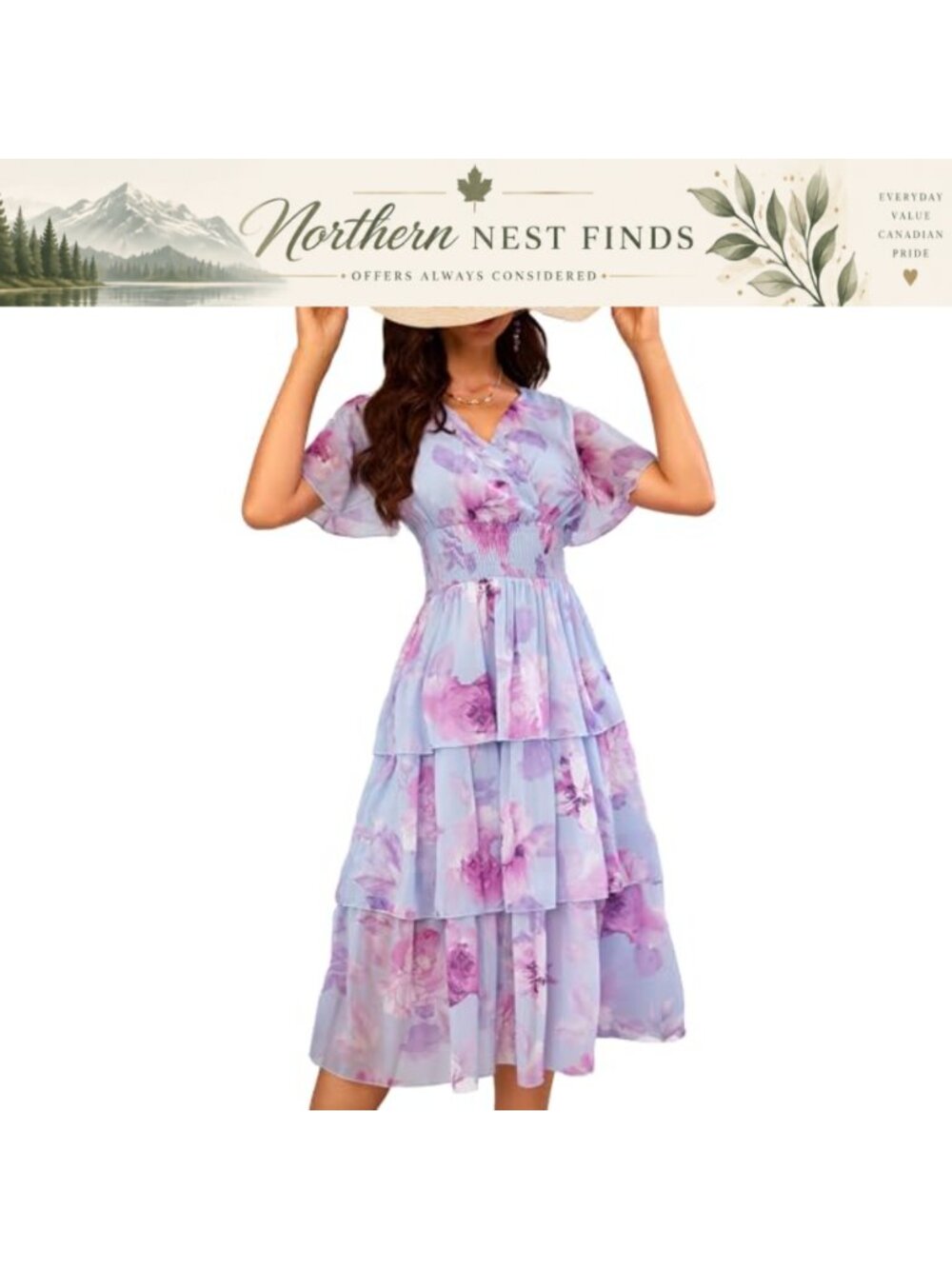 V Neck Smocked Waist Tiered Flowy Midi Dress Ruffle Sleeve Summer Party
